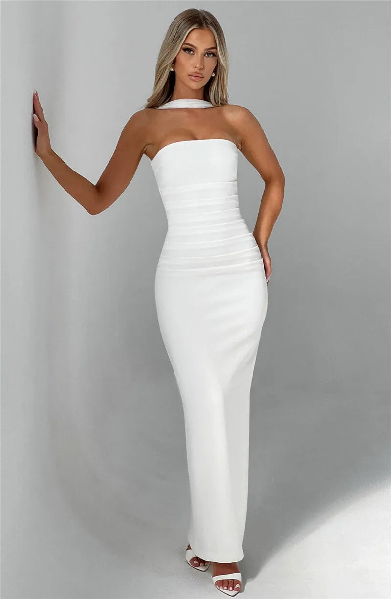 Scarf Collar Backless Bodycon Maxi Dress