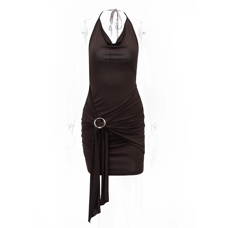 Brown Low-cut Backless Pleated Slim Mini Dress
