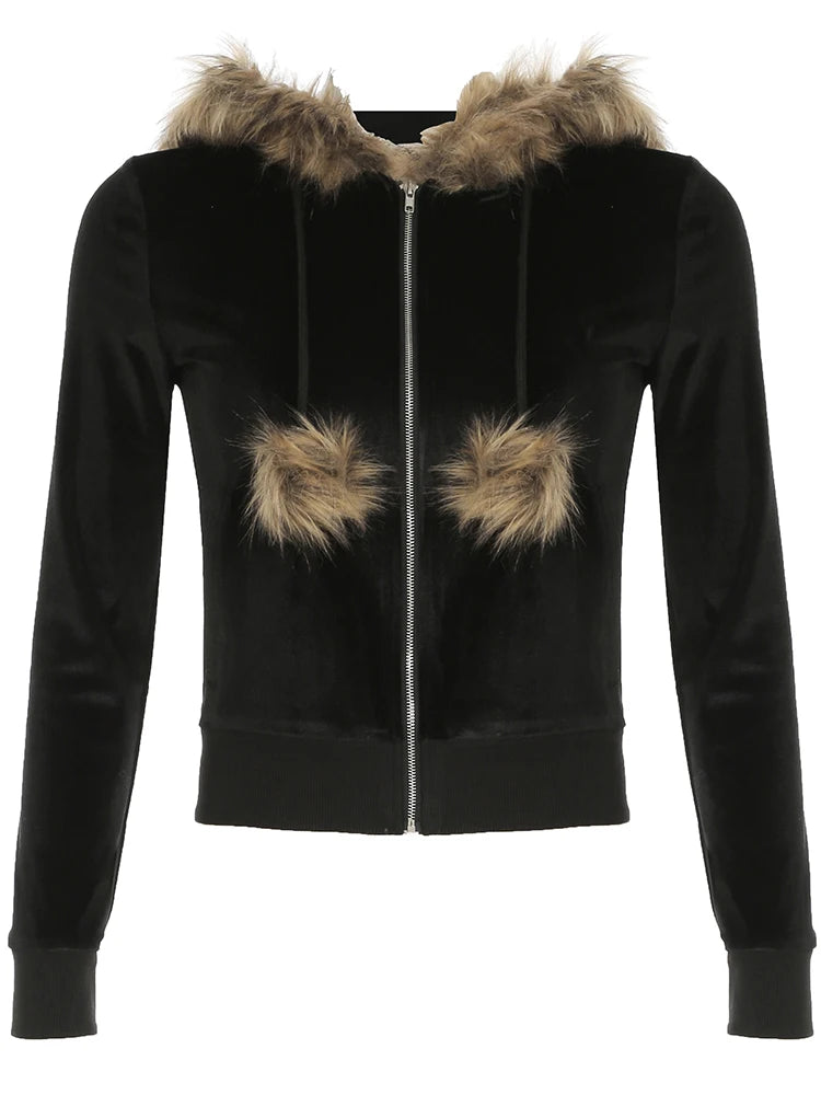 Zip Up Fur Neck Hoodie Coats 's Jackets Front Pockets