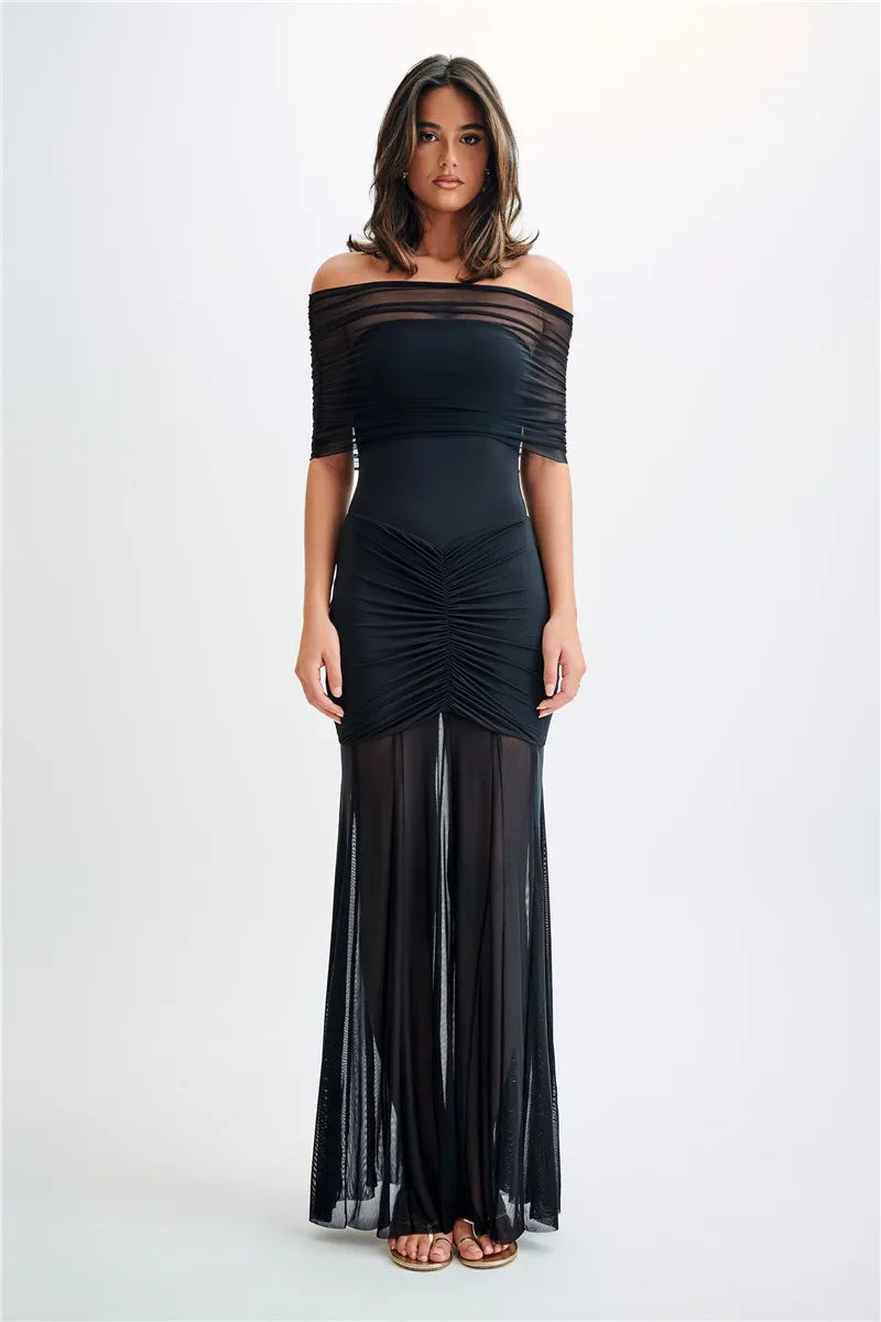 Off Shoulder Ruched Maxi Dress Apricot Backless High Waist Dress