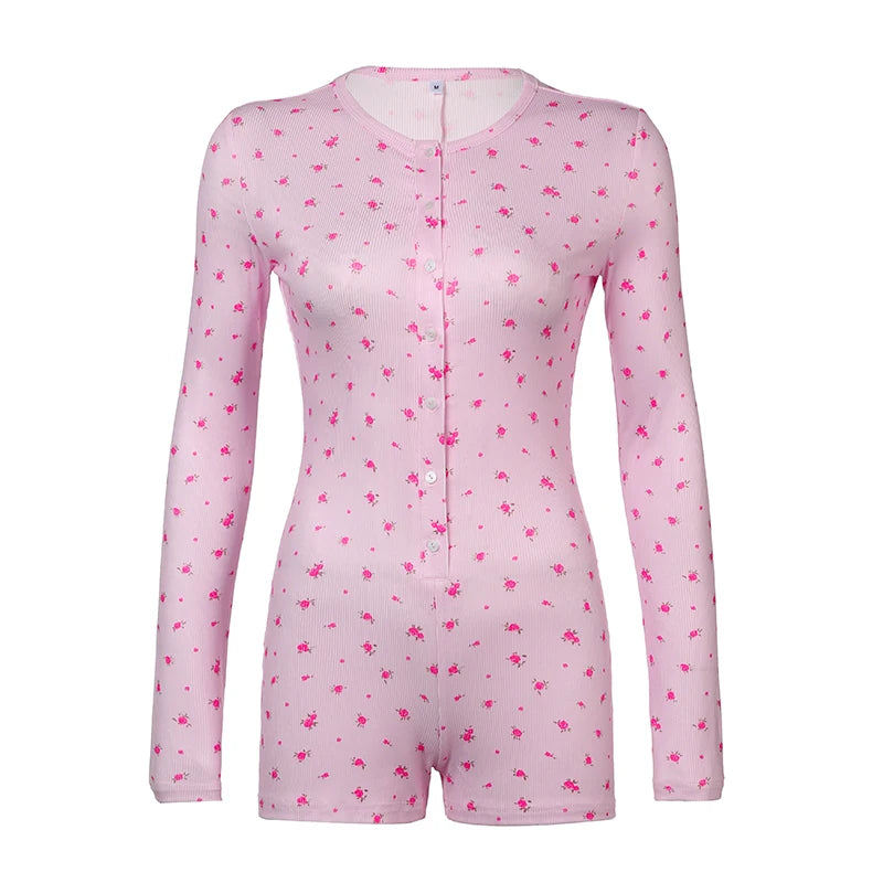 Floral Print Rompers Crewneck Long Sleeves Jumpsuits