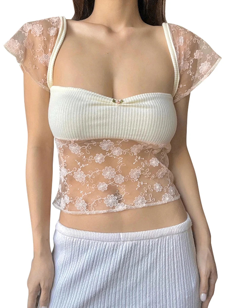 Lace Patchwork Kawaii Sweet T Shirt Short Sleeve Crop Top