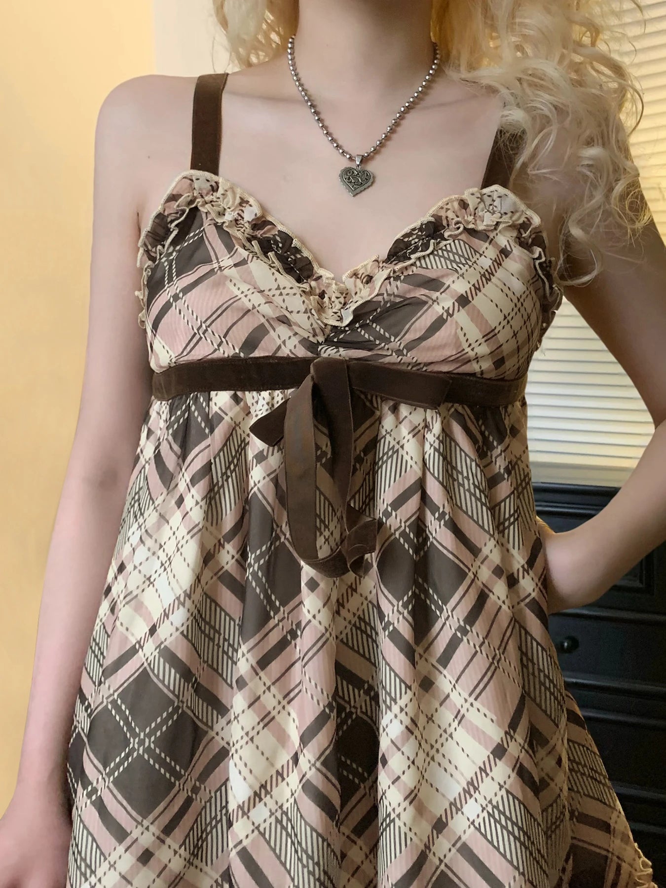 Plaid Print Camisole Ruched A-line Top Sleeveless Retro