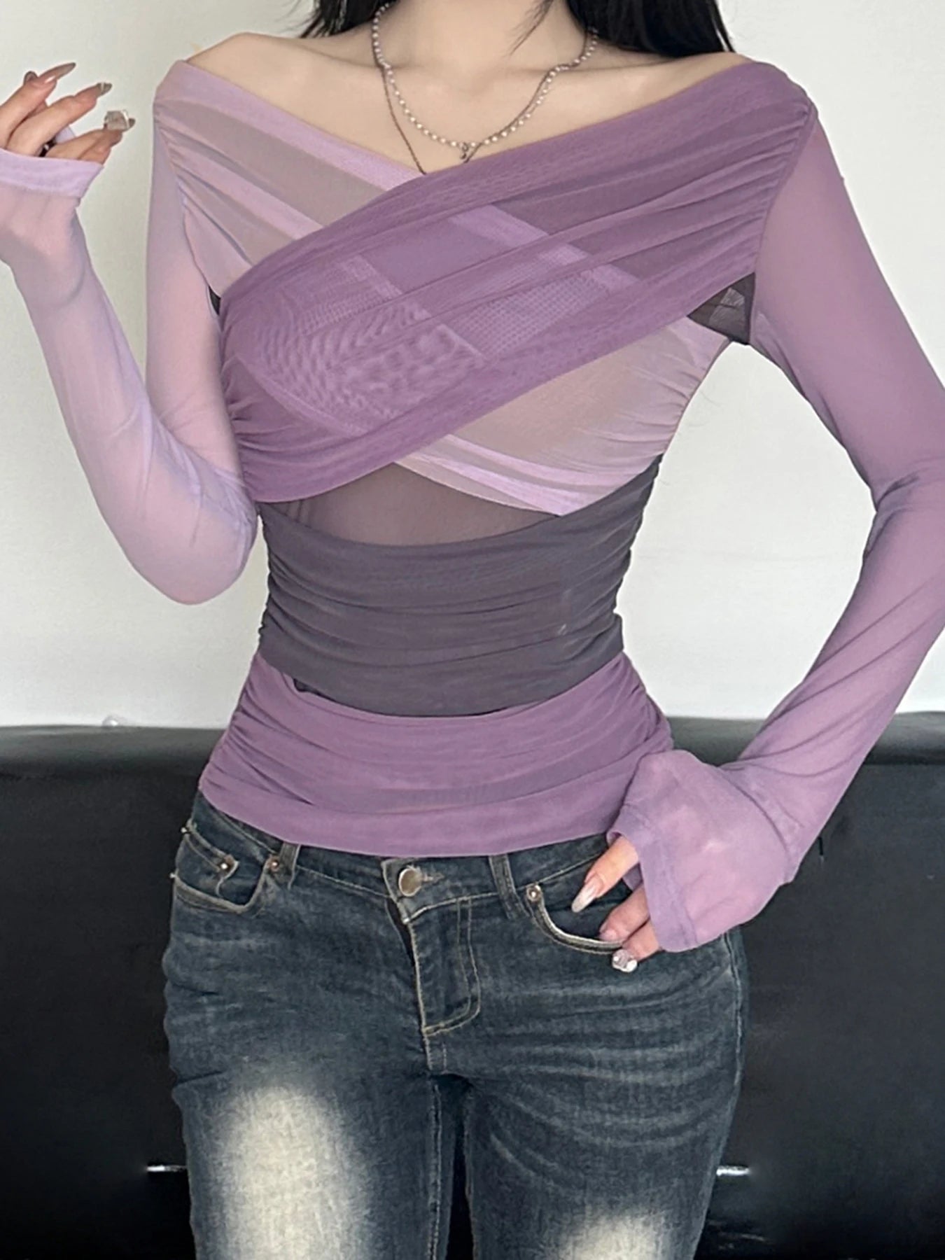 Patchwork Asymmetry Slim Tee Shirts Long Sleeves V-neck 's