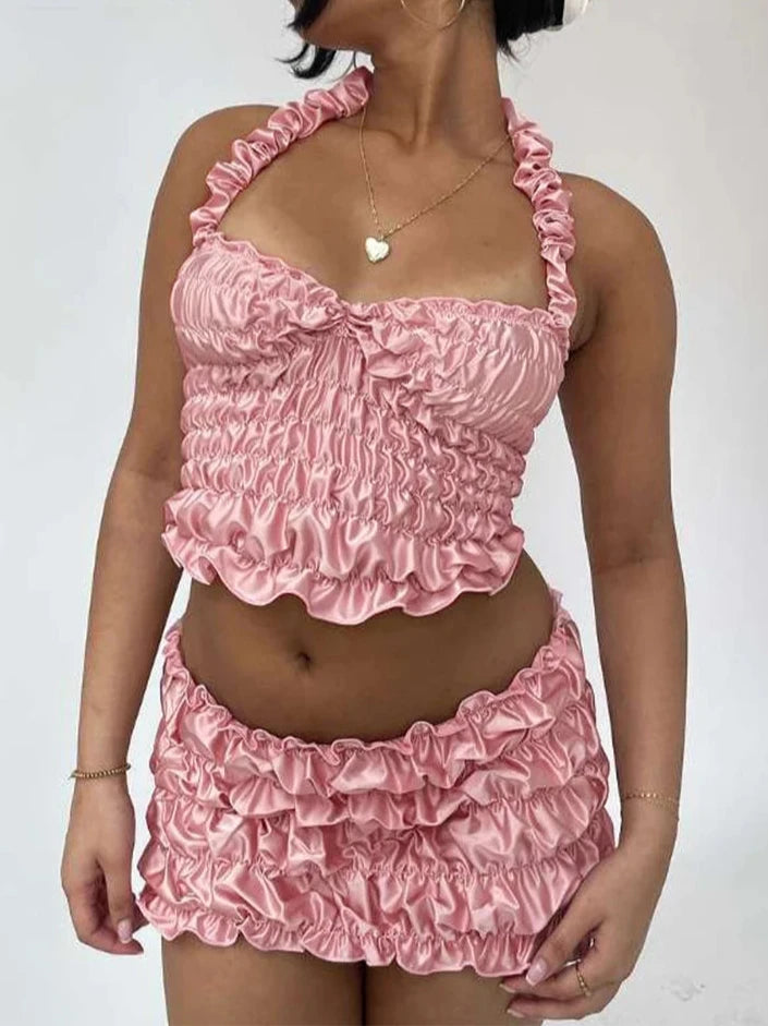 Pink Silky Top and Mini Skirt Set