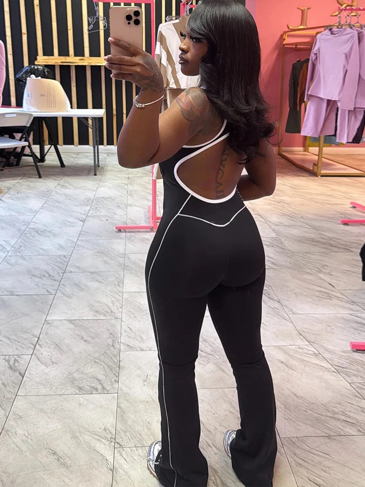 Panell Stripe Jumpuit Sporty O-neck Sleevele Backless Skinny Overall Active One Piece