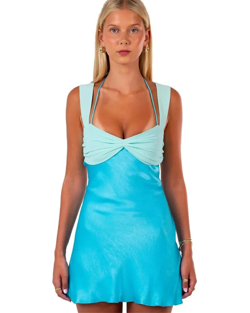Patchwork Sleeveless Mini Dress Satin Strapless Backless Lace-up High Waist A-line Dress
