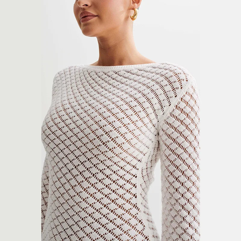 Hollow Knitt Dress Bikini Swimsuit Cover-up Sun Long Sleeve Cover Up Dress