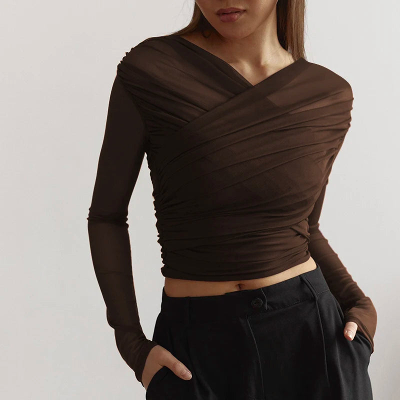 Cross Neck Crop Top Solid Color Mesh See Through Pleat Long Sleeve T-Shirt