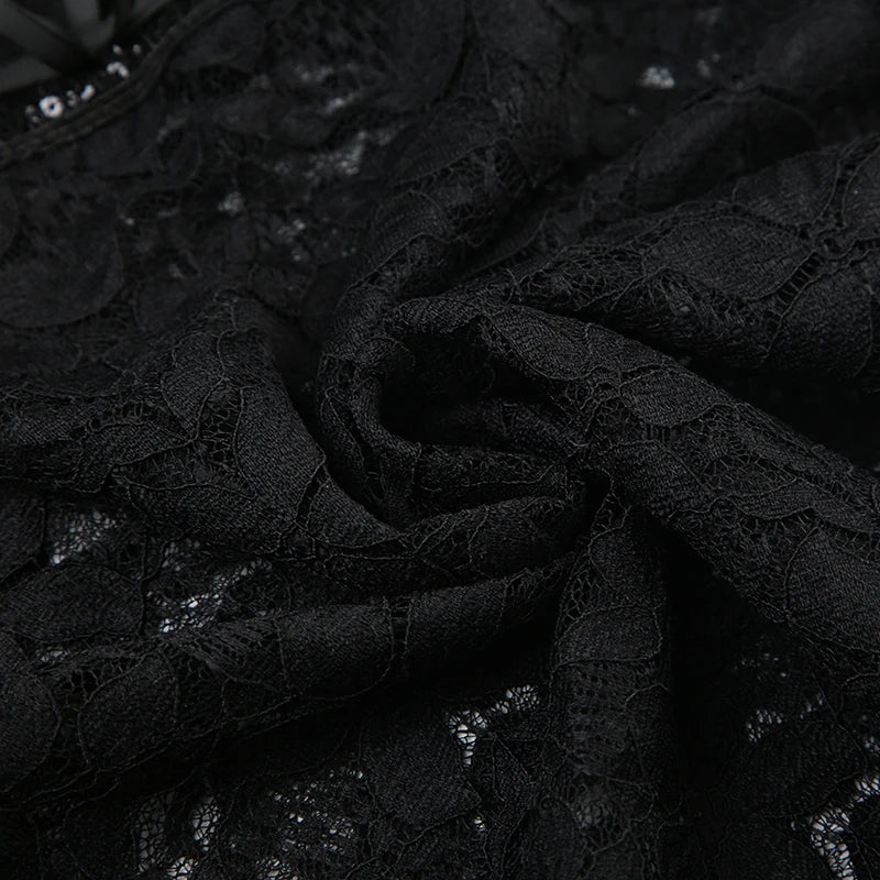 See-through Black Lace Camis Spaghetti Strap Backless 's V-neck