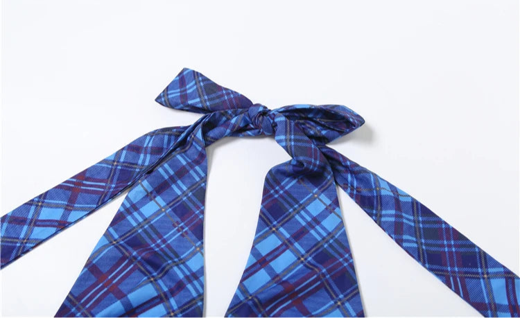 Blue Plaid Print Deep V-Neck Top