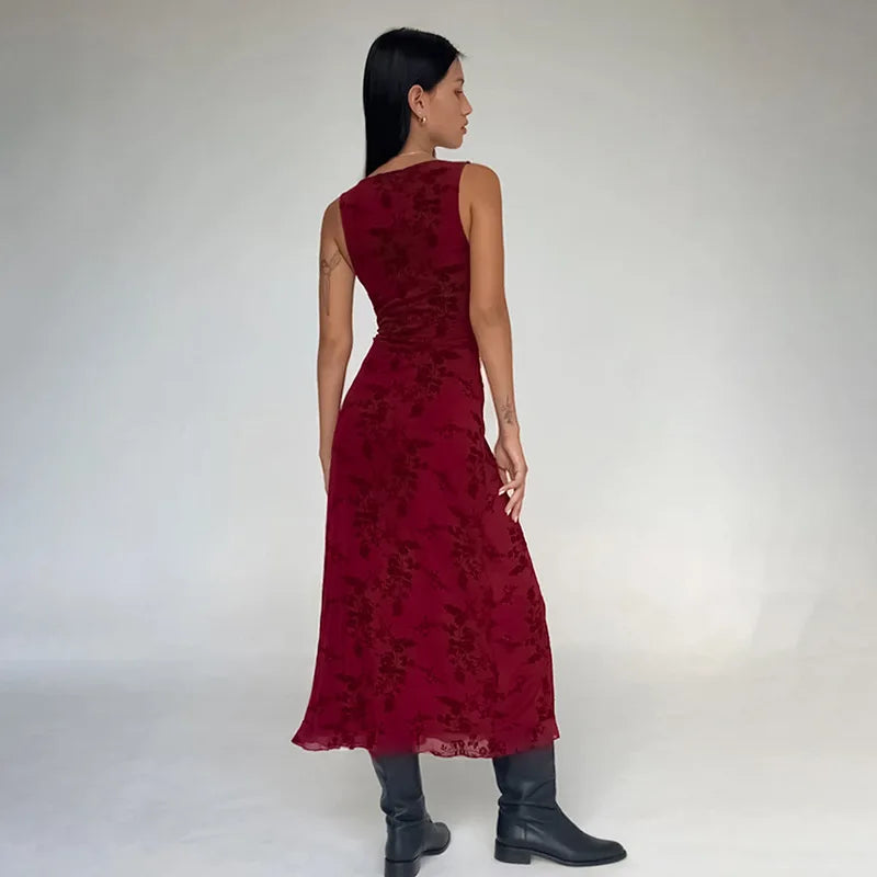 Printed Deep V Long Dress Floral Contrast Color Sleeveless Waist Slim Dress Long Dress