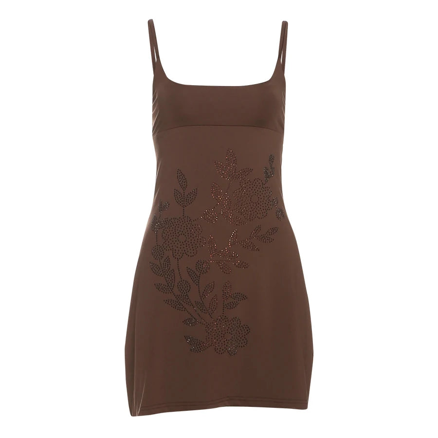 Fake Diamond Stickers Sundresses Low-Neck Flowers Backless Skinny Elasticity Fad Mini Bodycon