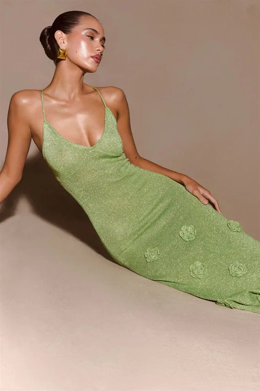Knitted Backless 3D Flowers Dress Green Spaghetti Strap Long Dress