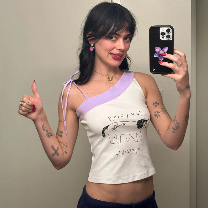 Purple Colliion Bow Tank Top Halter Monogram Sleevele Top Sweet Top