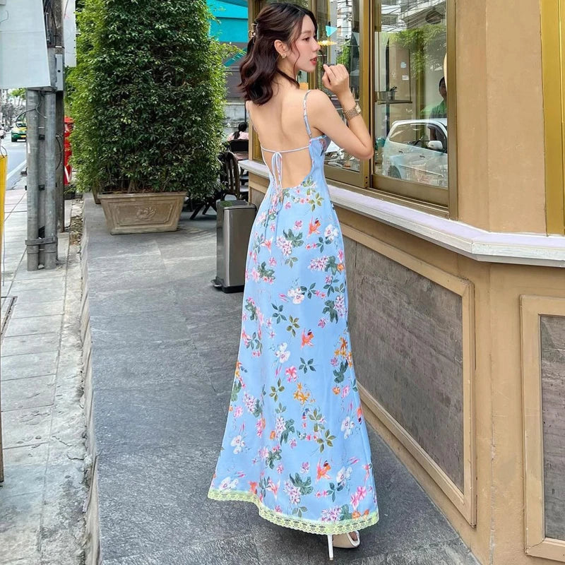 Floral Slips Backless Patchwork Lace Maxi Dress