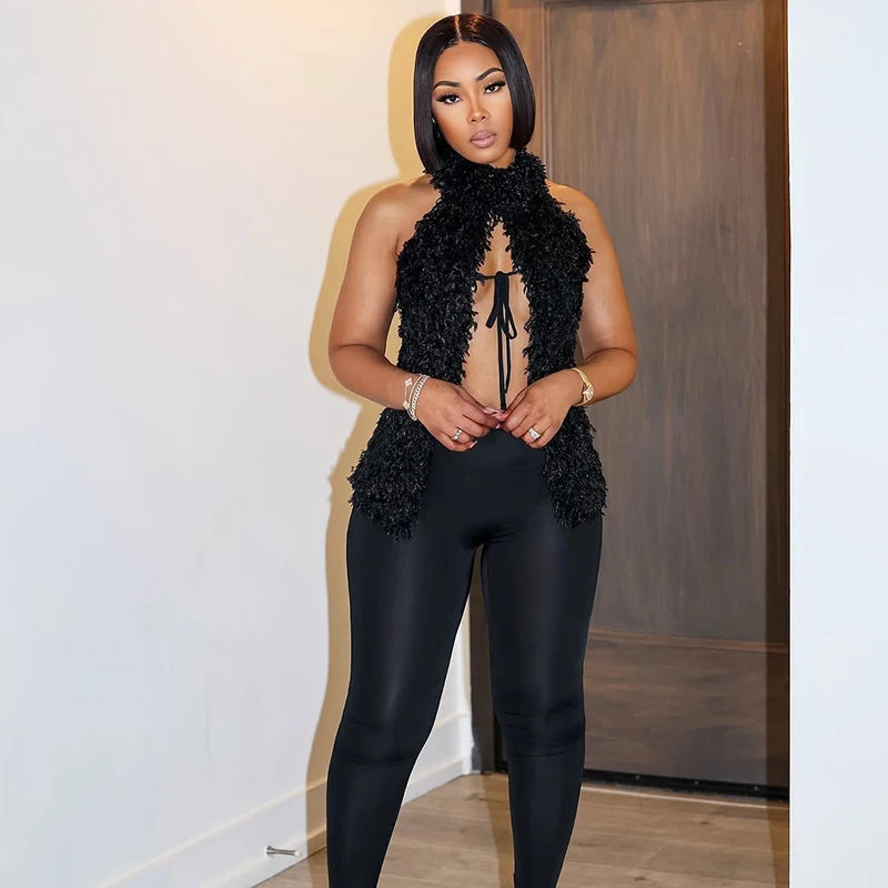 Spring 'S Color Hanging Neck Hair Tie Rope Split Navel Top High Waisted Tight Pants Set