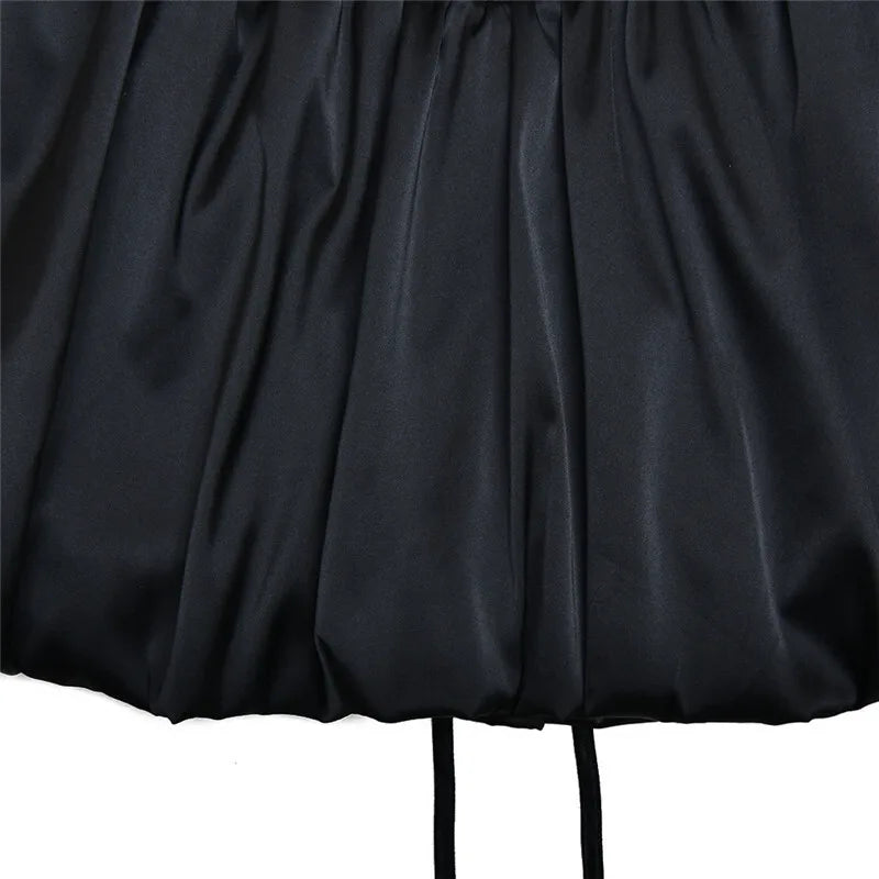Black Lace Puffball Mini Dress Lace-up Sheer Long Flare Sleeve High Waist Dress