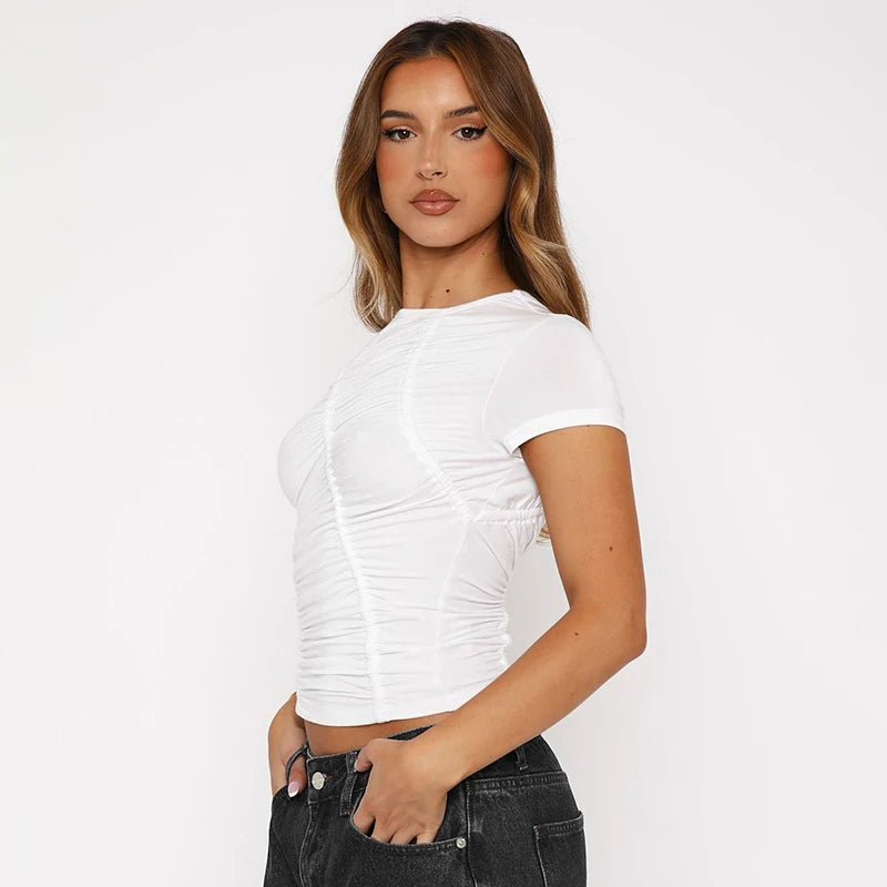 Spring And Round Neck Color Wrinkles Tight T-Shirt Top Versatile