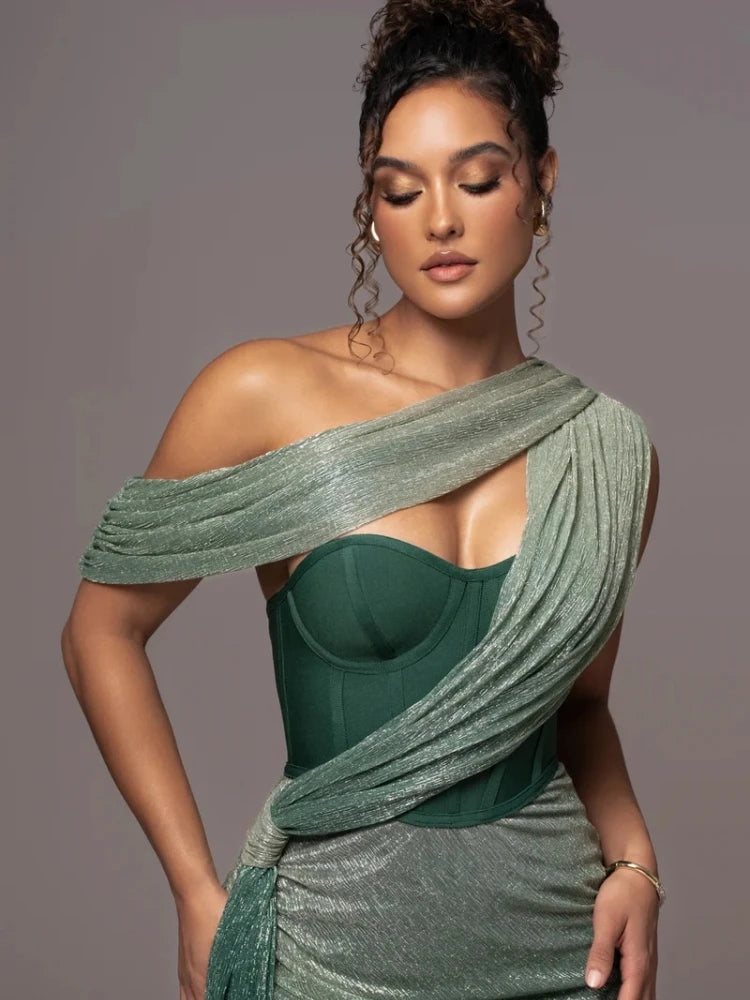 One Shoulder Draped Glitter Long Dress Brown Corset Sparkly Backless Bodycon Maxi Dresses Evening Gowns