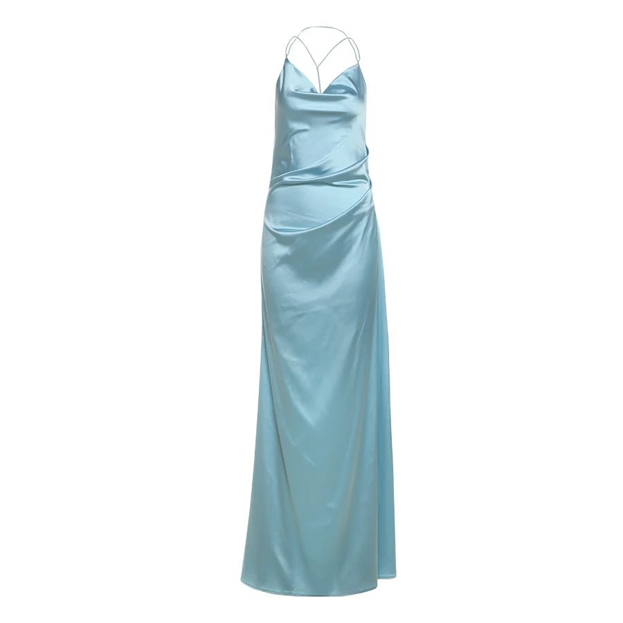 Silky Dress Backless Swing Collar Halter Sleeveless Satin Smooth Maxi Bodycon