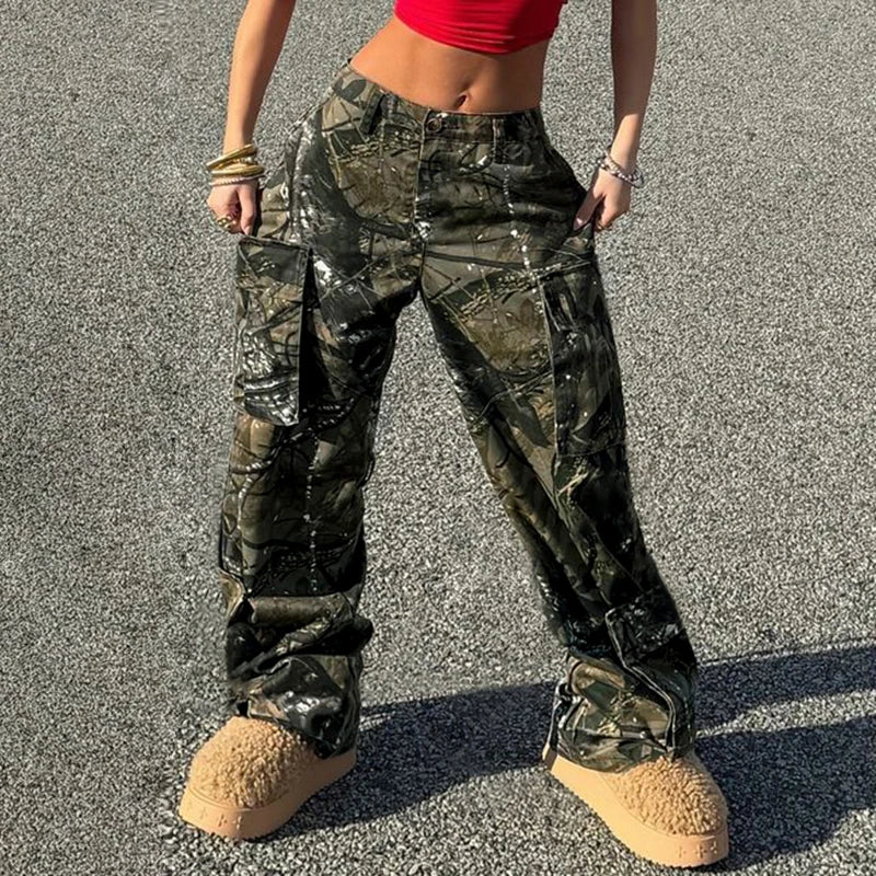 Baggy Cargo Pants Pockets Print Bottoms Straight Pants