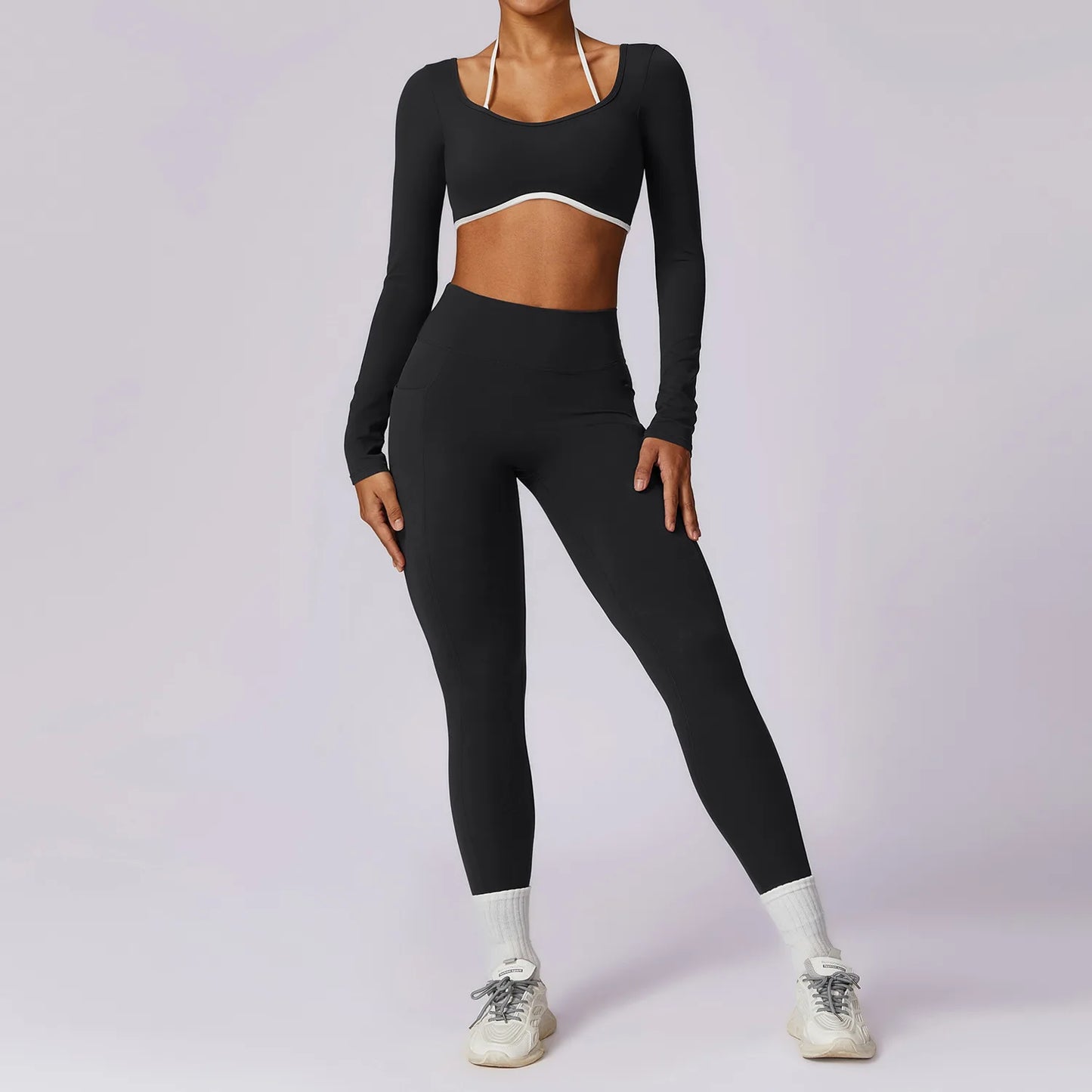 2 Pieces Tracksuit Yoga Set Workout Sports Gym Fitness Long Sleeve Crop Top High Waist Leggings Sports Suits
