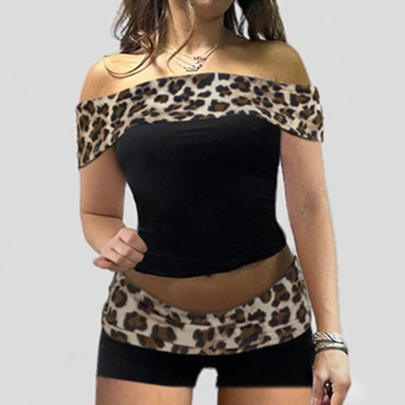 Slash Neck Slim Crop Shirts Leopard Print 's Top Fairycore Grunge