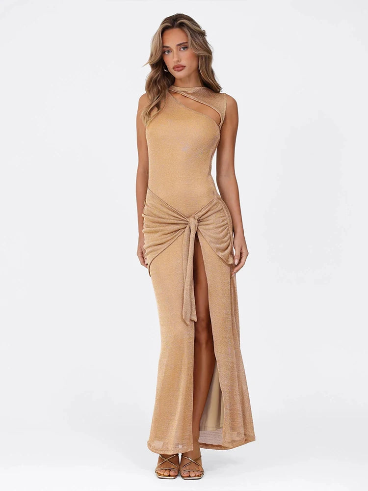 Khaki Knit Slim Fit Hollow Out Midi Dress