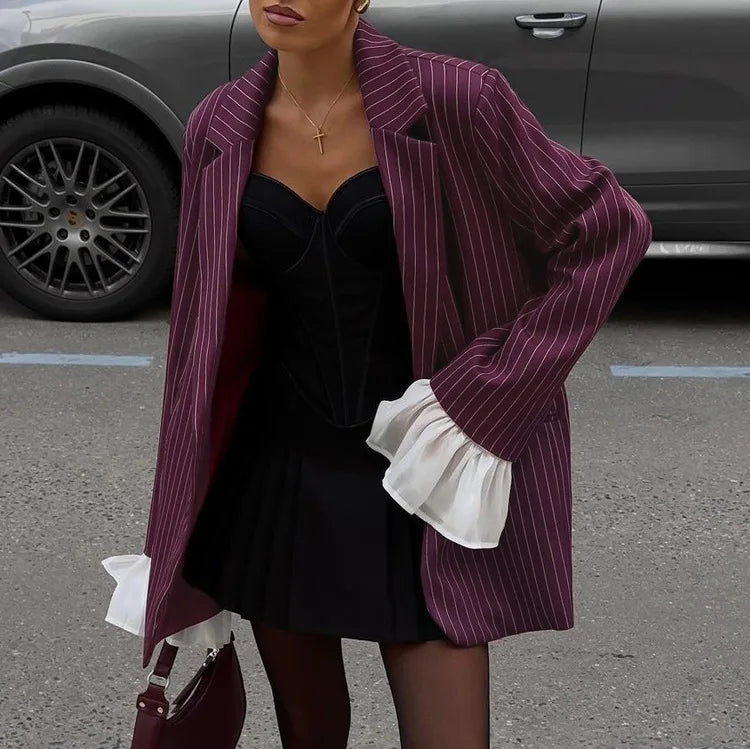 Patchwork Notched Collar Lace Blazer Flare Sleeve Single Breasted Jacket Femme Loose Coat