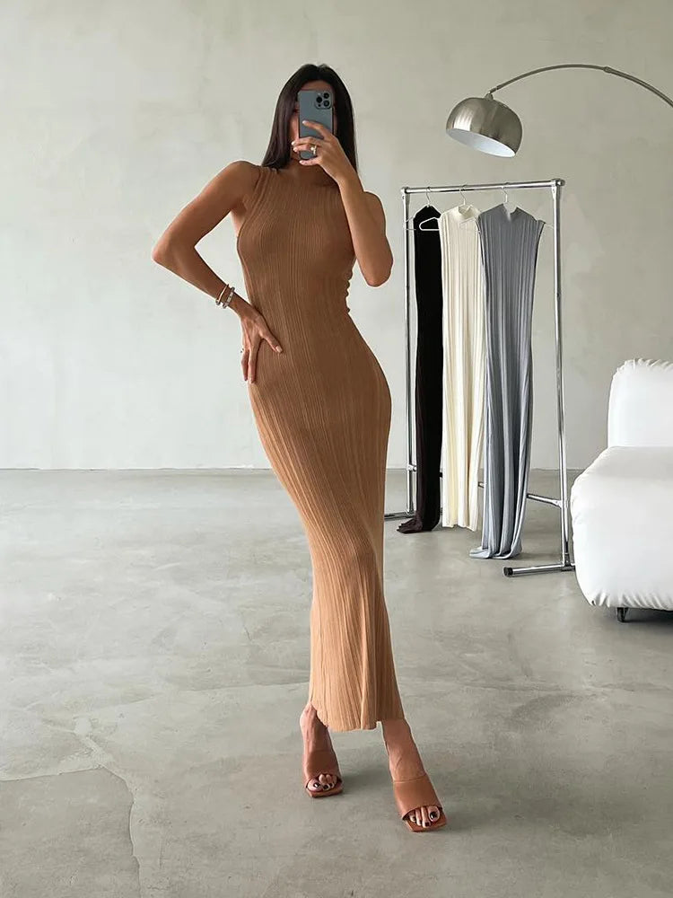 Sleeveless Knit Turtleneck Long Dress Slim Ribbed Knit Dress Maxi Dress