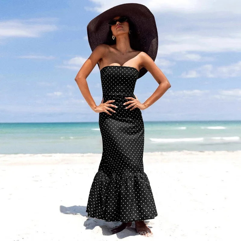 Polka Dot Strapless Mermaid Midi Dress