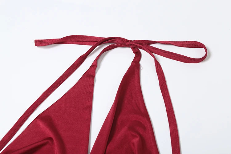 Ruched Belt Ribbon Dress Deep V-Neck Backless Sleeveless Lace-up Halter