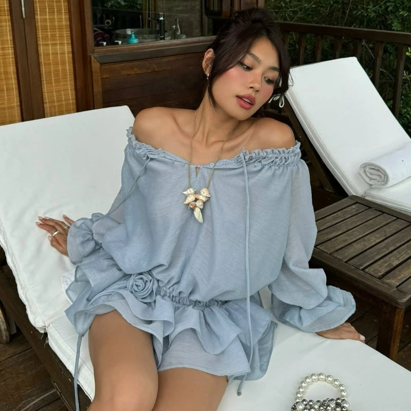 Mesh Ruffles Mini Dress Sheer Sleeve Slash Neck Slim Flower Lace Up Dress Street