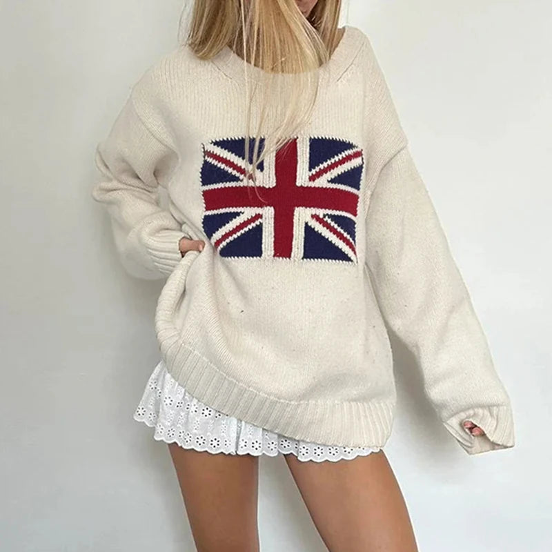 Graphic Patchwork Knitted Sweaters Crewneck Loose Crochet Top Pullovers