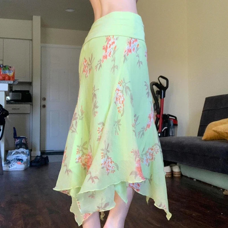 Floral Printing Asymmetric Hem Dress Colorful Fold Low Waist Mesh Sundress Bottoms