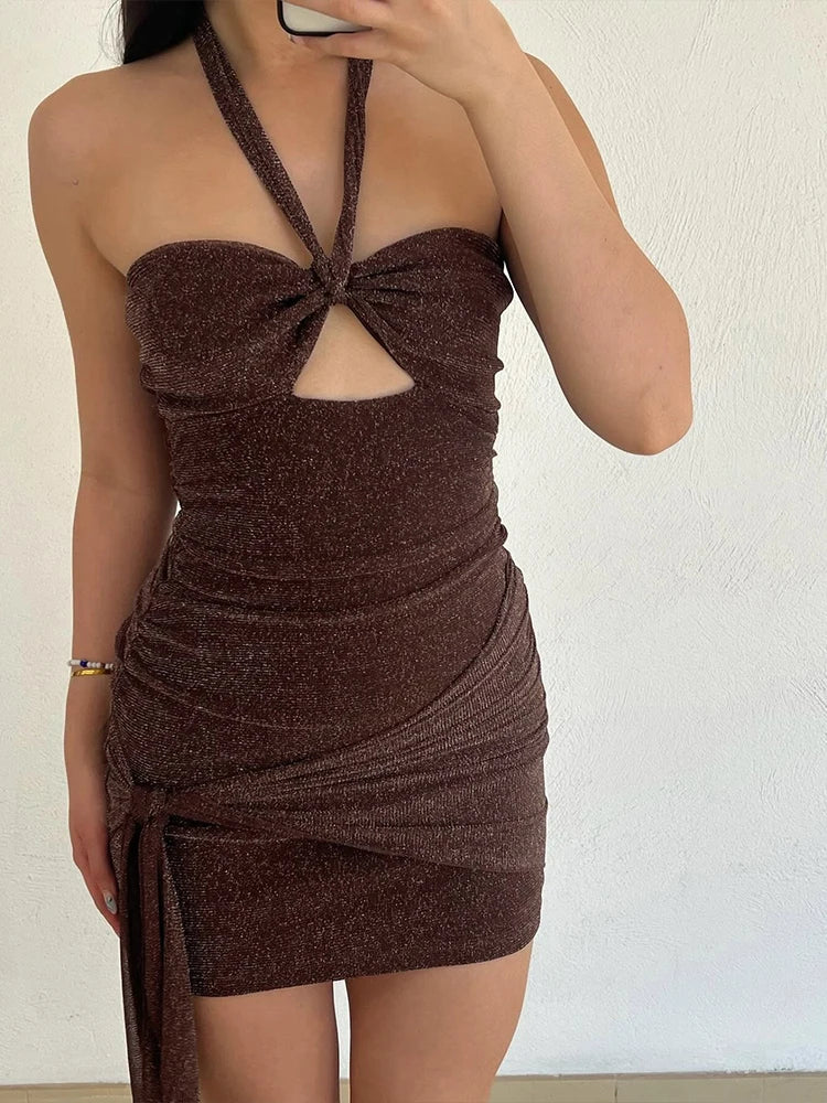 Halter Irregular Mini Dress Sequin Shiny Shirring Ti Ribbon Sheath