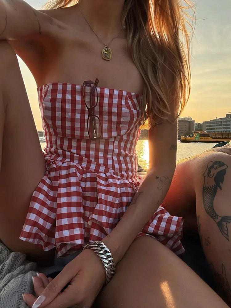 Plaid Corset Top Pleated Fluffy Hem Sleeveless Basic Street Backless Top