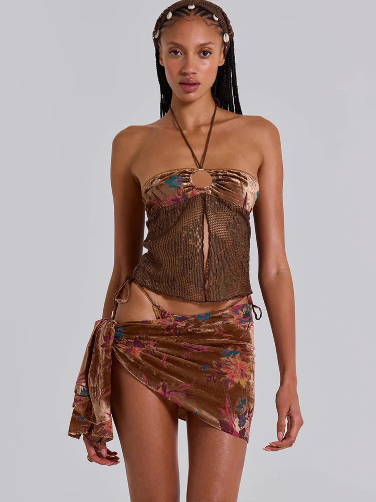Brown Knit Halter Patchwork Three Piece Set