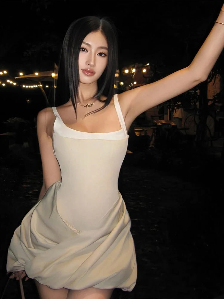 Backless Dress Patchwork Square Collar Sleeveless Ruffles Cross Hem Slim Mini Bodycon