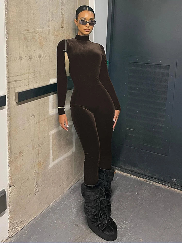 Velvet Long Sleeve O-Neck Bodycon Zipper Jumpsuit