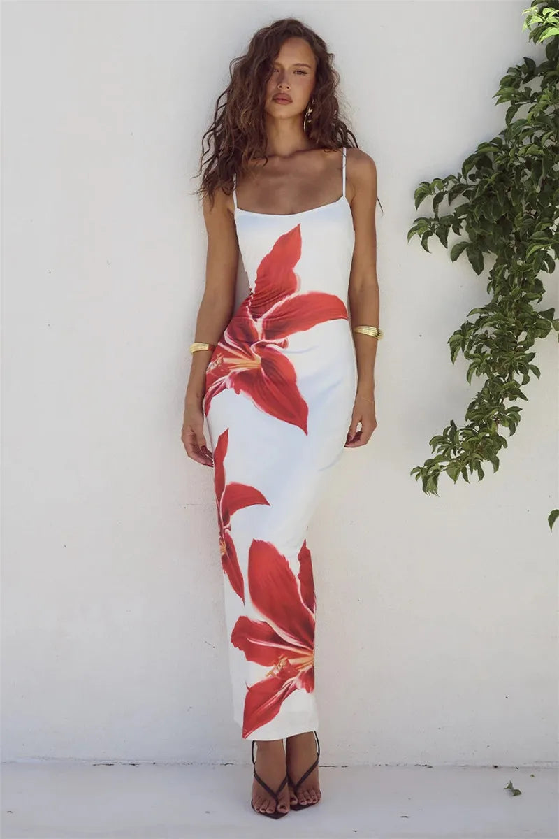 Floreal Long Dress Gown Spaghetti Strap Sleeveless Backless Bodycon Midi Dress