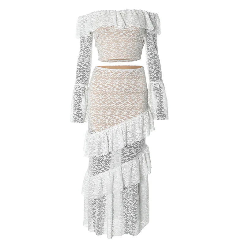 Transparent Lace Two Piece Sets Skirt Suit White Flare Sleeve T-shirt Long Skirt Skirt Set