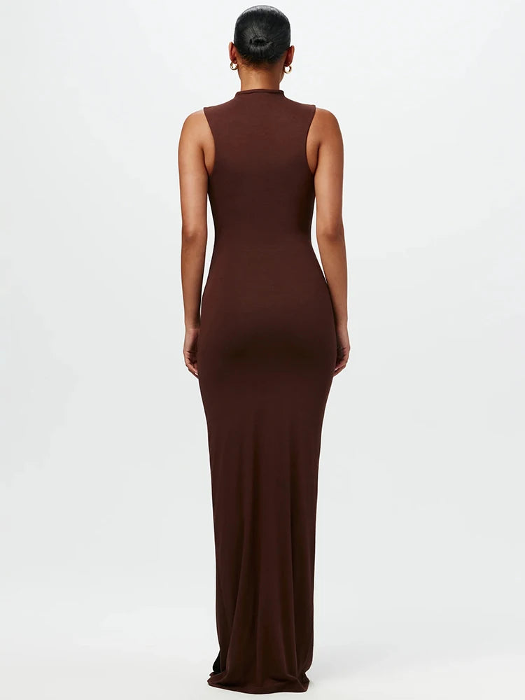 Half High Collar Irregular Tank Dress Sleeveless Bodycon Ruched Long Dress