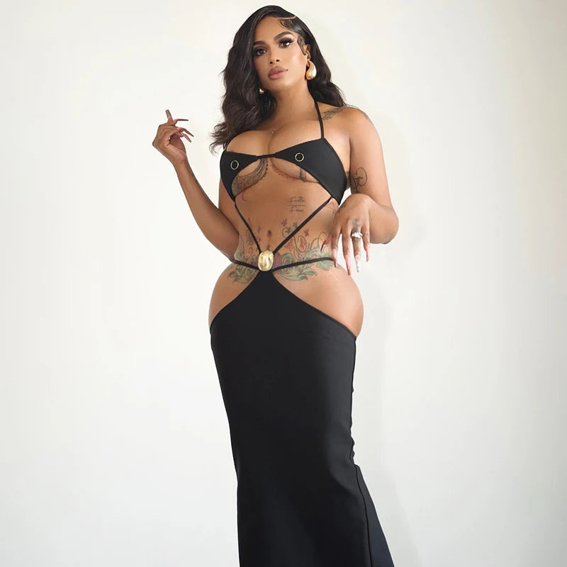 Backless Cro Strap Hollow Out Dress Temperament Long Dress