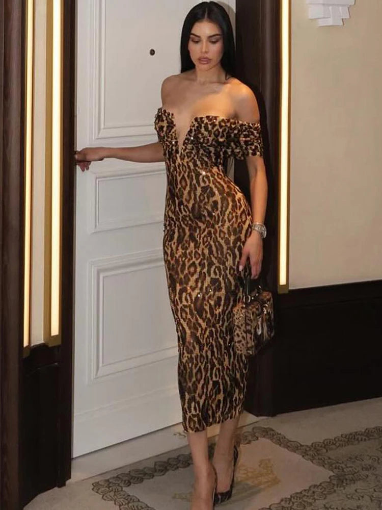 Slash Neck Dress Leopard Ruched Off The Shoulder Long Bodycons