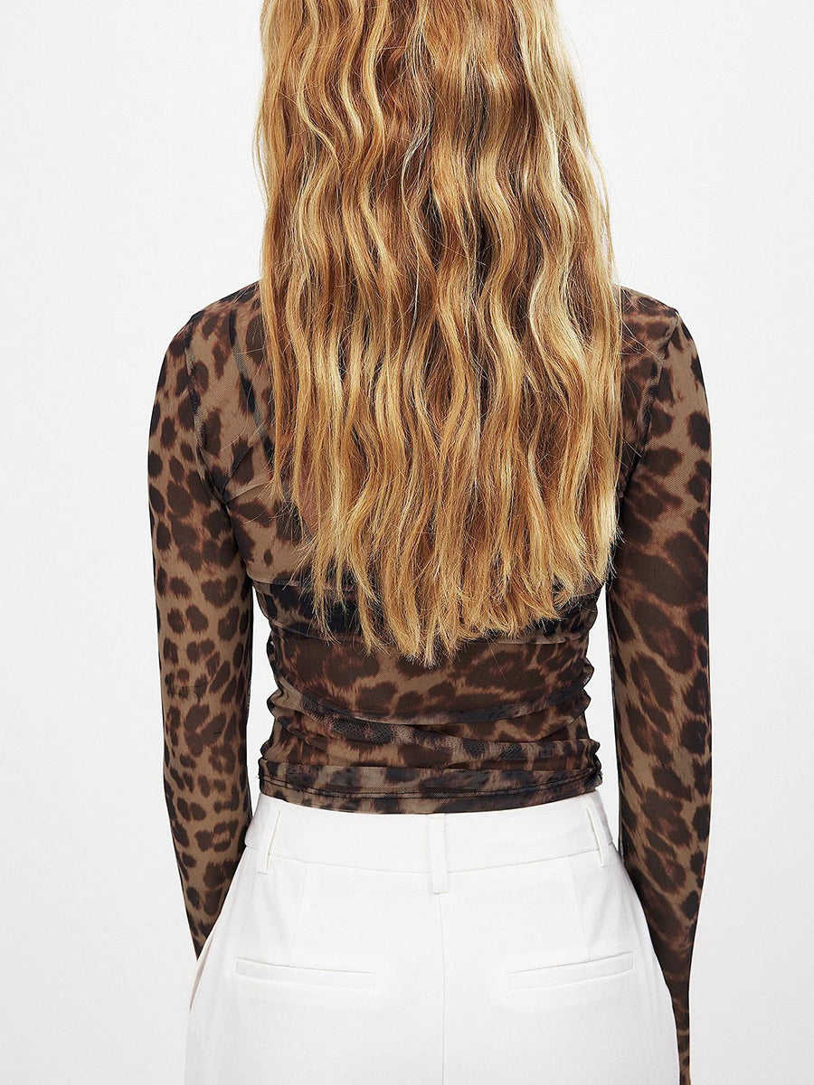 Sheer Leopard Tops Slim Fitted Long Sleeve See Through Mesh Shirts Going Out Vintage Street