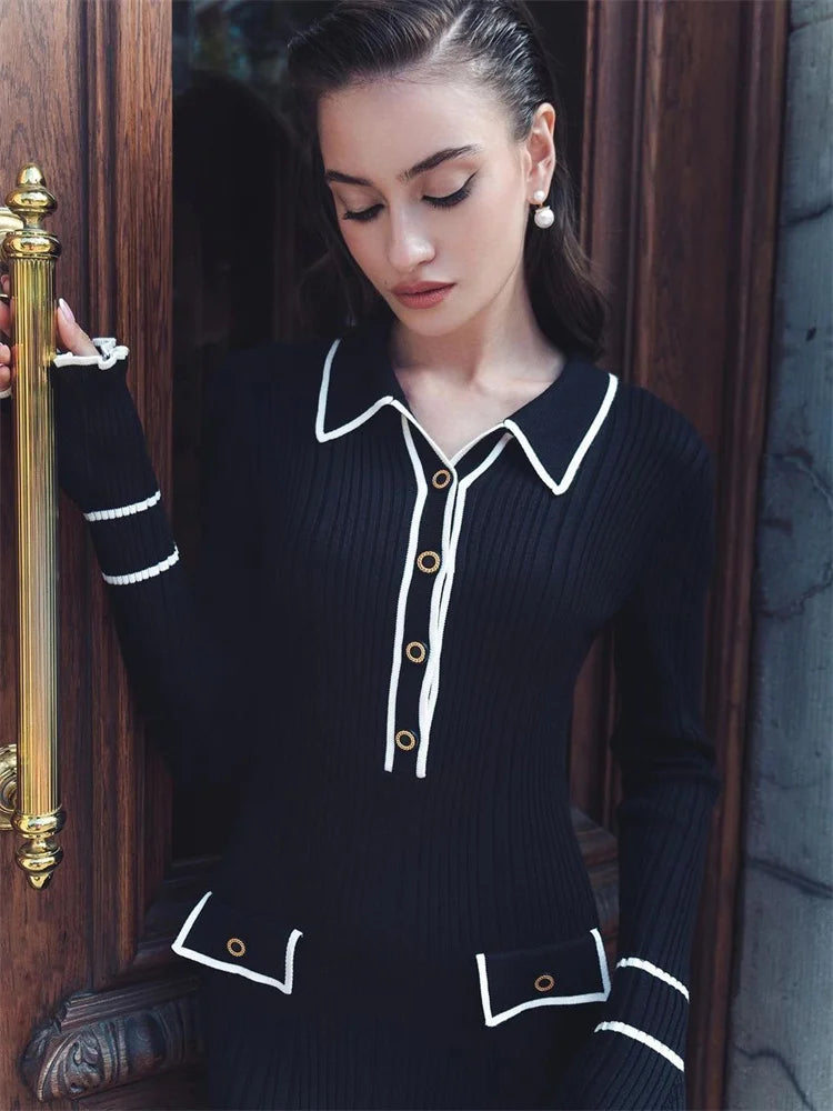 Ruffled Knit Dress Ribbed Contrast Long Sleeve High Waist Lapel Gown Dress Knit Ladies Maxi Dress