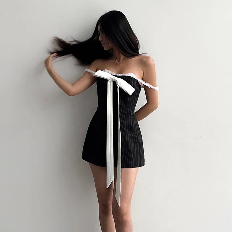 Stripe Print Slip Dress Bow Patchwork Sleeveless Backless Mini Dress