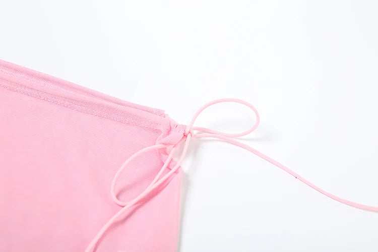 Mesh See Through Shirring Two Piece Set Irregular Ruffles Backless Top Long Skirt